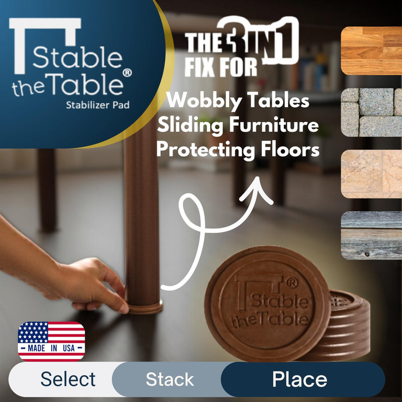 Stable The Table-12 Pack-Walnut Round, Furniture Leveler & Riser, Anti-Slip Sofa Gripper for Hardwood Floors, Floor Protector, Stacking Furniture Pad, Bed, Desk, Couch & Table Stabilizer, Made in USA Walnut Round 12