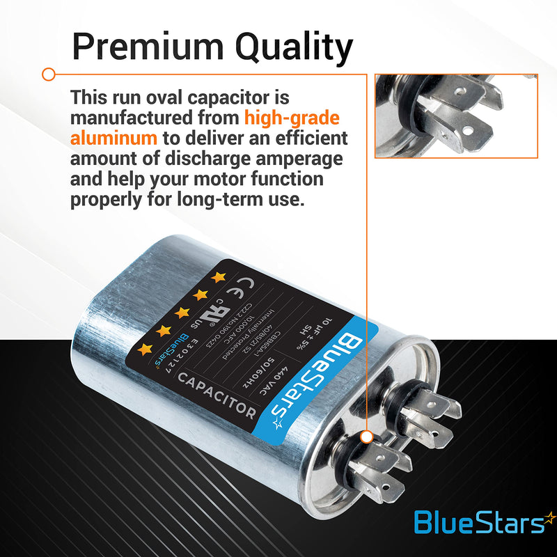 BlueStars Upgraded Version 10 uF MFD ±5% 370/440V CBB65 Oval Run Start Capacitor Replacement Part - Fit for AC Motor Run or Fan Start and Cool or Heat Pump Air Conditioner - Lifetime Up to 30.000 hrs 10 MFD