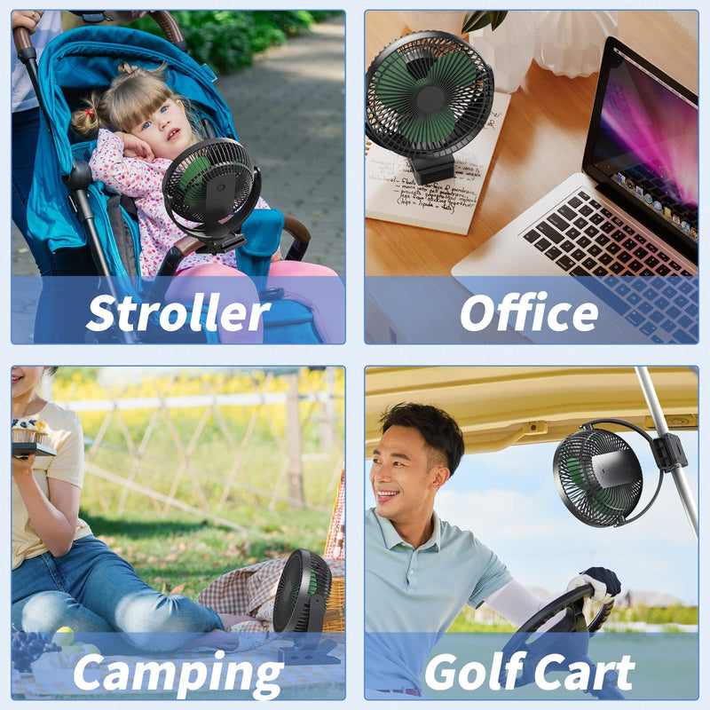 Clip on Fan, Rechargeable Portable Fan, 8 Inch Small Desk Fan - 10000mAh Battery Powered Fan with 4 Speed, 360° Rotation Personal Fan Suitable for Golf Cart, Bedroom, Travel and Camping (Green) Black+Green