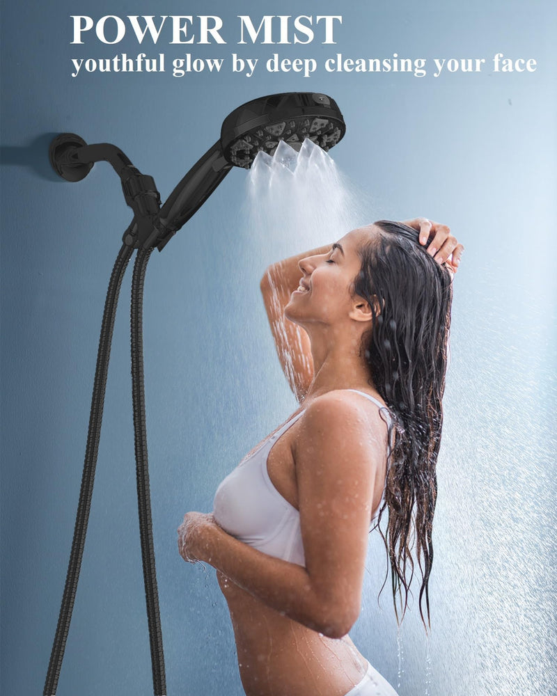 Shower Head With Handheld High Pressure 7 modes, Built-in Power Wash to Clear Tub, Tile, 5" High Powerful Hand Held Rain Showerhead with Stainless Steel Hose and Adjustable Bracket (Matte Black) Polished Black