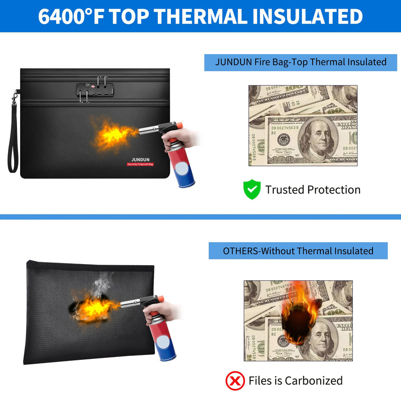 JUNDUN Fireproof Document Bag with Lock (14.2" x 10.2"), 6400℉ Fireproof Money Bag for Cash with 12 Layers Heat Insulated, Dual Zipper Fire Safe Pouch for Important Documents and Valuables Black 14.2" x 10.2"