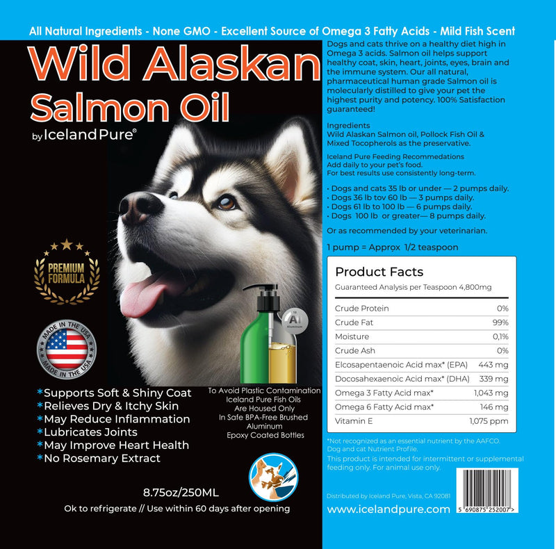 Wild Alaskan Salmon Oil for Dogs and Cats by Iceland Pure | 1,043 mg of Omega-3 per Teaspoon | Salmon Oil & Pollock Blend | BPA-Free Brushed Aluminum Epoxy Coated Bottle with Pump - 8.75 oz
