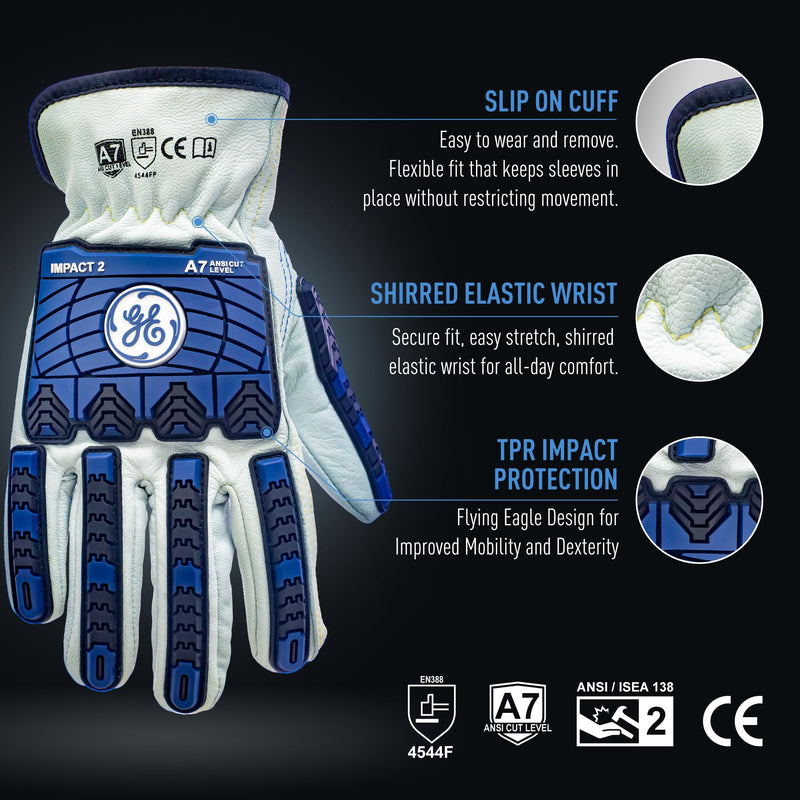 GE TPR Impact 2 Leather Gloves - A7 Cut Resistance & Protection, Needle Proof Driver Gloves for Enhanced Grip & Control, Safety Work Gear for Men, Construction, Gardening, Warehouse, Yard Work Large