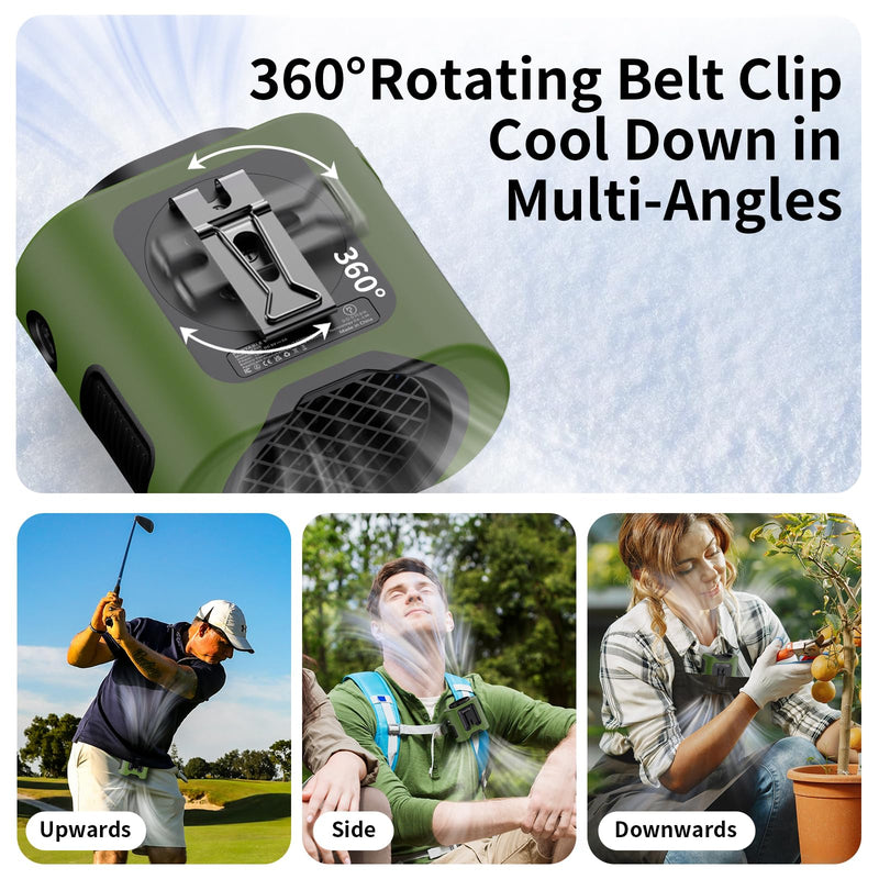 Socool 14500mAh Portable Waist Fan with 360 Rotation, Rechargeable Mini Personal Clip On Belt Shirt Fan 67Hrs Cooling Wearable Hanging Neck Fans with 5 Speeds & LED Light For Outdoor Working Jobsite Green