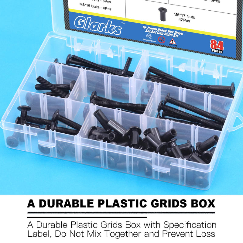 Glarks 85Pcs M6x16/ 25/35/ 45/55/ 65/ 75mm Black Hex Drive Socket Cap Bolts Kit, Allen Head Countsunk Furniture Crib Bolts Nuts Screws for Chair Table Cabinets M6x16/25/35/45/55/65/75mm