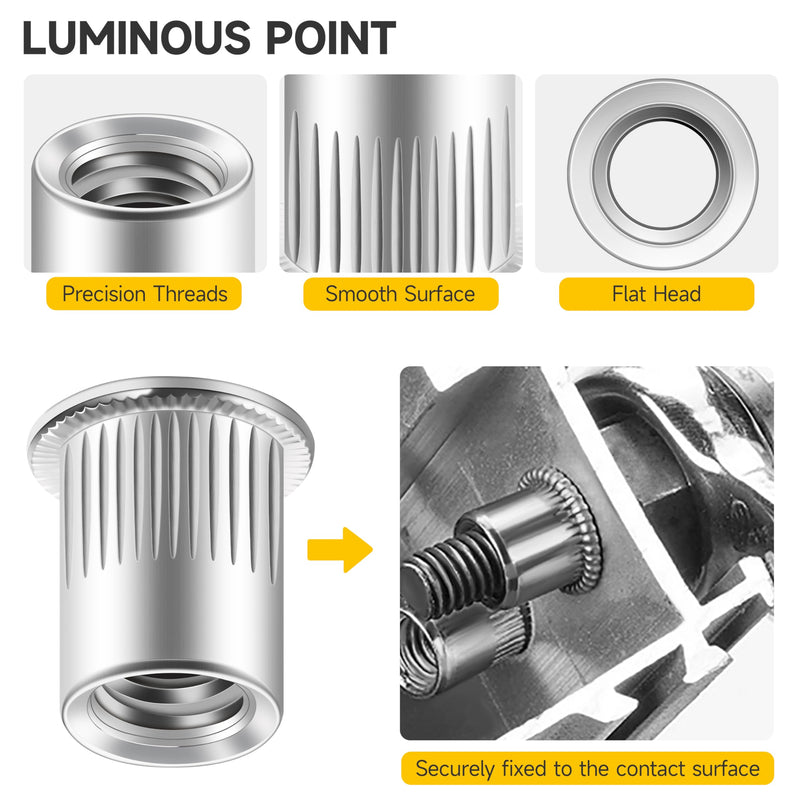 100Pcs 5/16 Nut Rivet Nuts, 304 Stainless Steel Flat Head RIV Nuts Rivets Nutsert, 5/16-18 Nut Threaded Inserts Rivnuts, Hardware Nuts Rivnuts Threaded Inserts for Metal by Mywish 5/16"-18 Silver