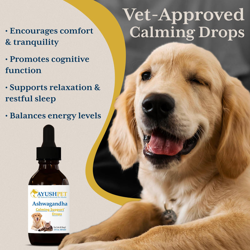 Ayush Pet Stress Support Ashwagandha Drops, Calm and Focus for Dogs or Cats, Alcohol Free Supplement, 2 oz.