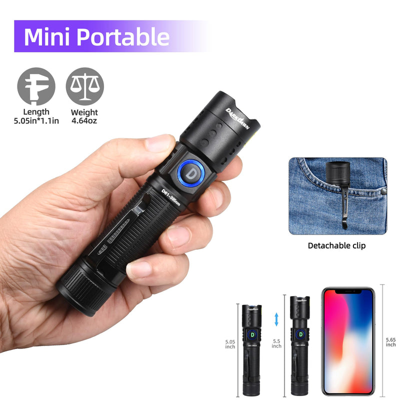 DARKDAWN UV Flashlight 395nm Black Light Mini USB Rechargeable Ultraviolet LED Blacklight Woods Lamp Powerful Fluorescent Portable Detector for Pet Urine Stains, Scorpions, Resin Curing