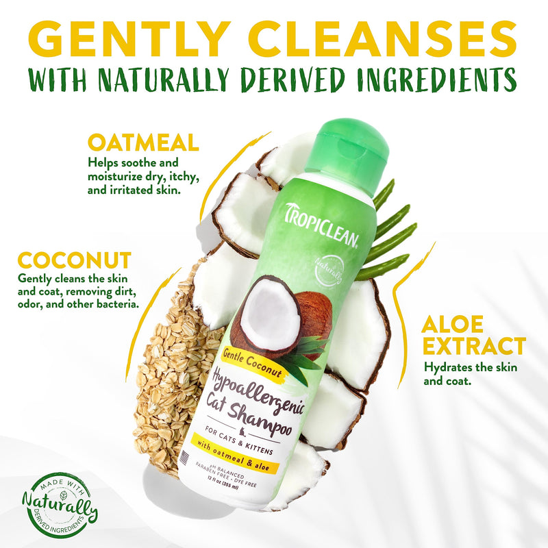 TropiClean Coconut Hypoallergenic Cat Shampoo | Gentle Kitten Shampoo for Sensitive Skin | Natural Shampoo Derived from Natural Ingredients | Made in The USA | 12 oz. Gentle Coconut - PawsPlanet Australia