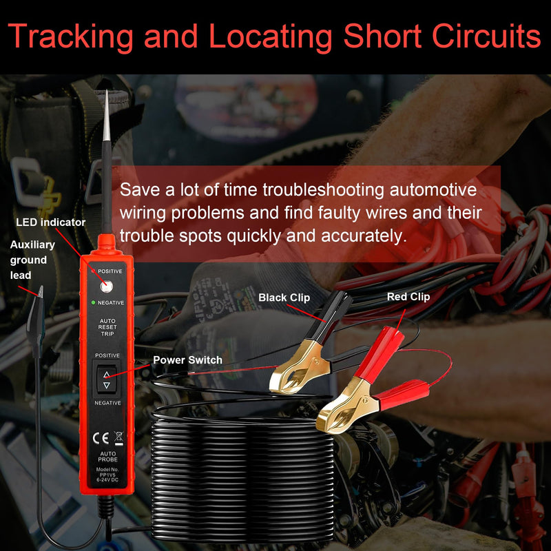Power Circuit Probe Tester 6V-24V DC Test Light Car Fuse Tester Tool 12V Short Circuit Finder 12V Auto Electrical Tester Kit Component Tester Polarity Identify with Overload Protection,Long Test Lead Red