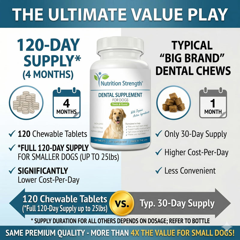 Dental Care for Dogs - Natural Plaque & Tartar Remover for Teeth - Fresh Breath Dog Supplement with Organic Kelp, Strawberry Leaf & Pumpkin Seed for Gum Health - 120 Tablets
