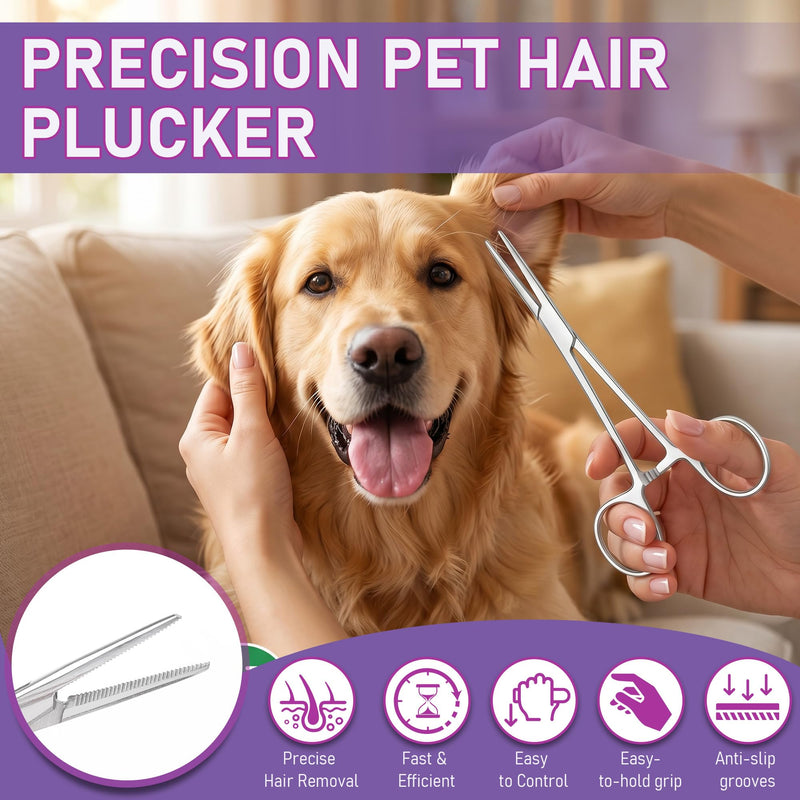 Dog Ear Hair Removal Tool Kit - Ear Powder, Safety Round Tip Scissors & Hemostat, Helps Reduce Wax & Odor, Grooming Kit for Schnauzers, Poodles & Breeds with Ear Hair, Calms Itchy Ears