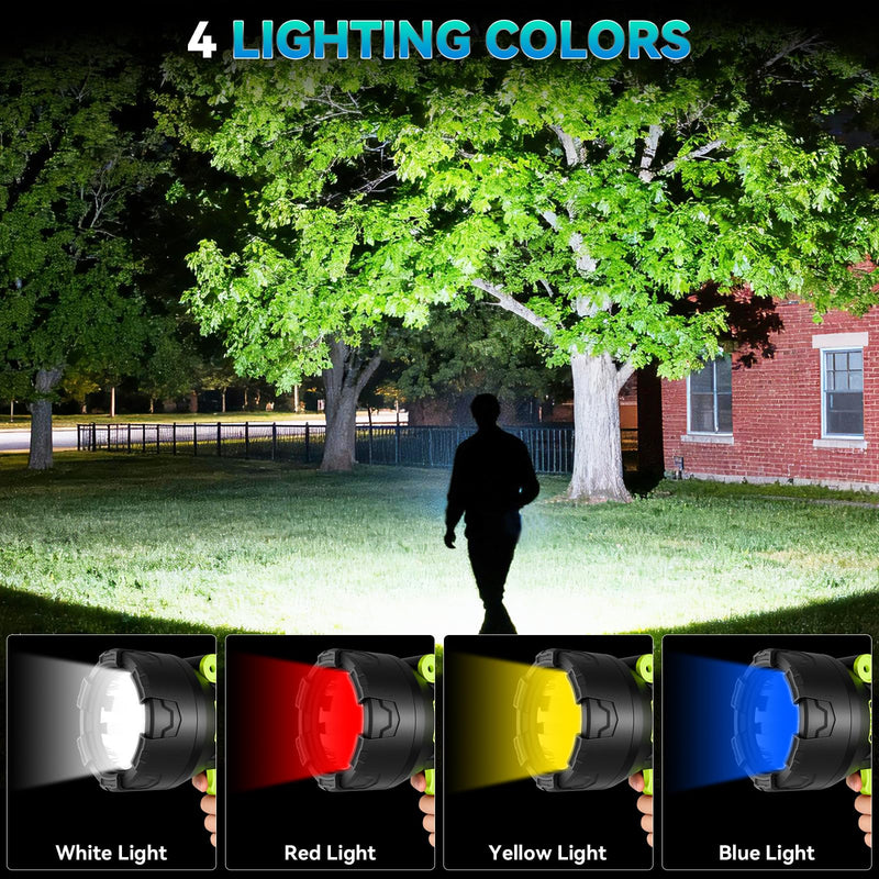 Rechargeable Spotlight，99,000 Lumens Super Bright LED SpotLights Flashlight, 10000ɱAh Spot Lights Long Runtime Waterproof ，Spot Light Outdoor Handheld with Cob Light & Foldable Tripod for Camping Green