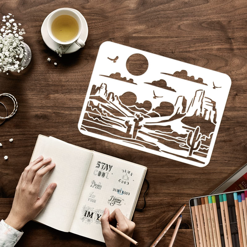FINGERINSPIRE Desert View Stencils 11.7x8.3 inch Plastic Gobi Desert Drawing Painting Stencils Cactus Sun Birds Pattern Wall Stencils Reusable Stencils for Painting on Wood, Floor, Wall and Tile