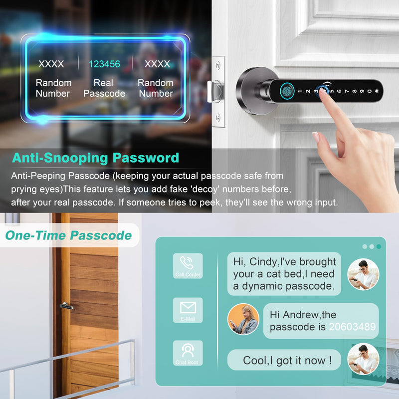5 in 1 Fingerprint Door Handle Lock for Bedroom,Smart Biometric Door Knob with Code,Electric Finger Print Doorknob,Keyless Entry Door Lock for Apartment,Interior Room,Office,Motel(Grey,Black) Grey+Black