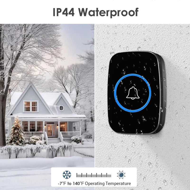 Wireless Doorbell, FullHouse Waterproof Door Bell Kit, Distinguish front and rear doors, Over 1000 feet Range and 60 Chime, 5 Levels Volume and LED Flash, for Home Office Classroom 2 Push Button + 4 Plug-In Receiver Black