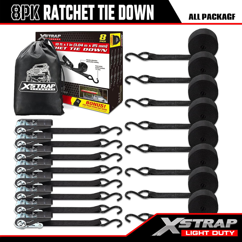 XSTRAP STANDARD Ratchet Tie Down Straps 8PK 1'' x 10 ft - 900 LB Break Strength Cargo Straps for Moving Appliances, Lawn Equipment, Motorcycle (Black) 8pk 1inchx10ft Black