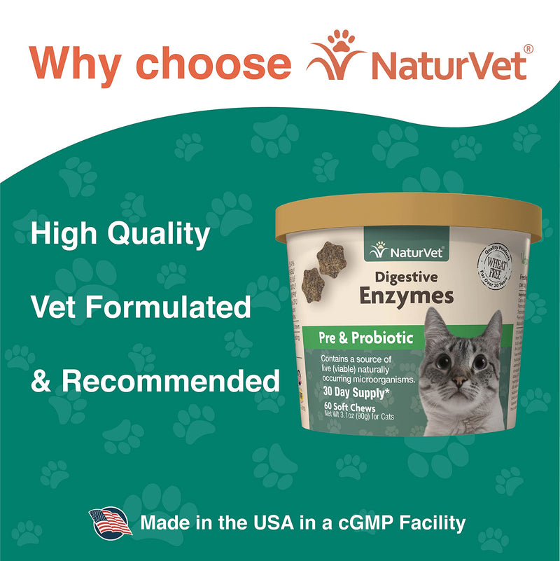 NaturVet – Digestive Enzymes For Cats Plus Probiotics – 60 Soft Chews – Helps Support Diet Change & A Healthy Digestive Tract – Aids in the Absorption of Vitamins & Minerals – 30 Day Supply 60ct - PawsPlanet Australia