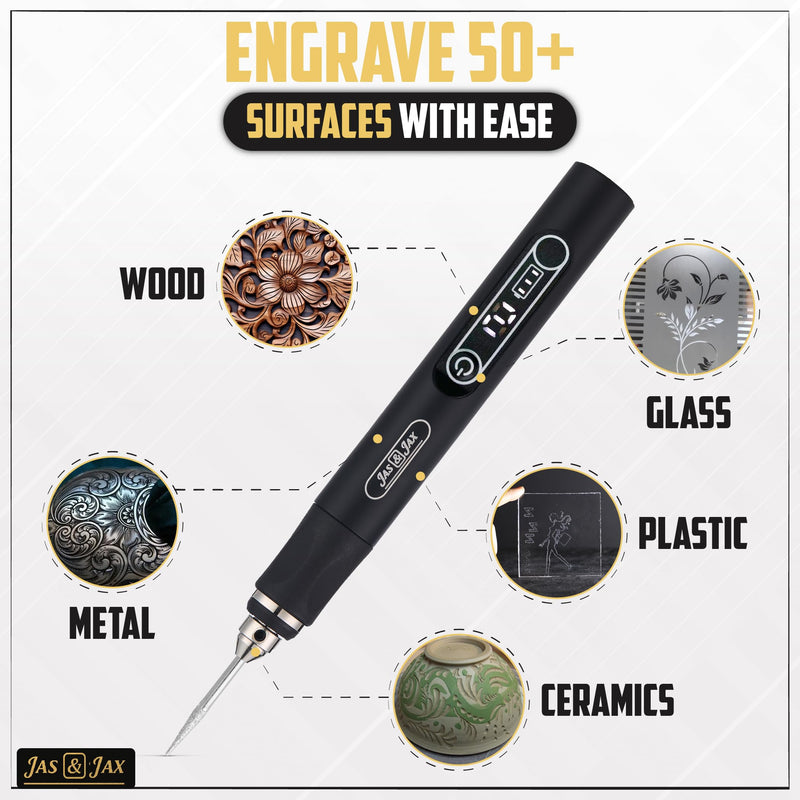 Jas & Jax Matte Black Engraving Pen - USB Rechargeable Mini Electric Engraver, Cordless Rotary Tool for Wood, Metal, Glass, Jewelry, Stone, Leather & Plastic Etching (54 Accessories)