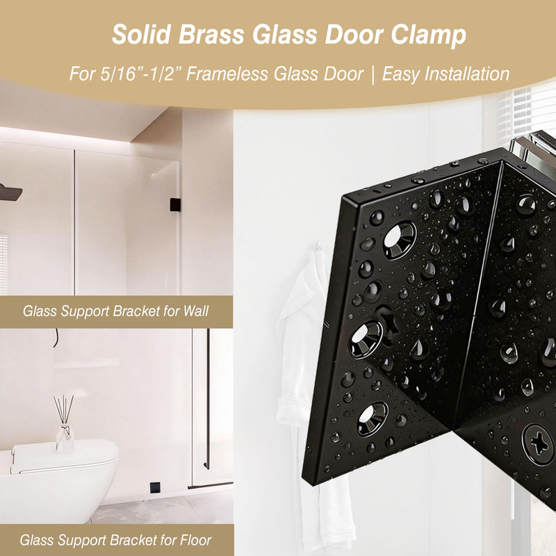 Glass Clamp, Heavy Duty Solid Brass Shower Clip for 5/16" to 1/2" (8-12mm) Glass, Wall or Floor Installation, Matte Black 90 Degree_C