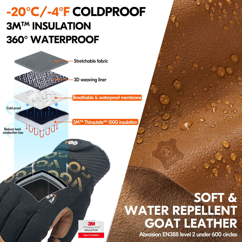 Vgo... Cut Resistant Work Gloves for Men Cold Weather, ANSI Level A5,Goat Leather Mechanic Gloves,Touchscreen(GA9604FWC5) X-Large Brown