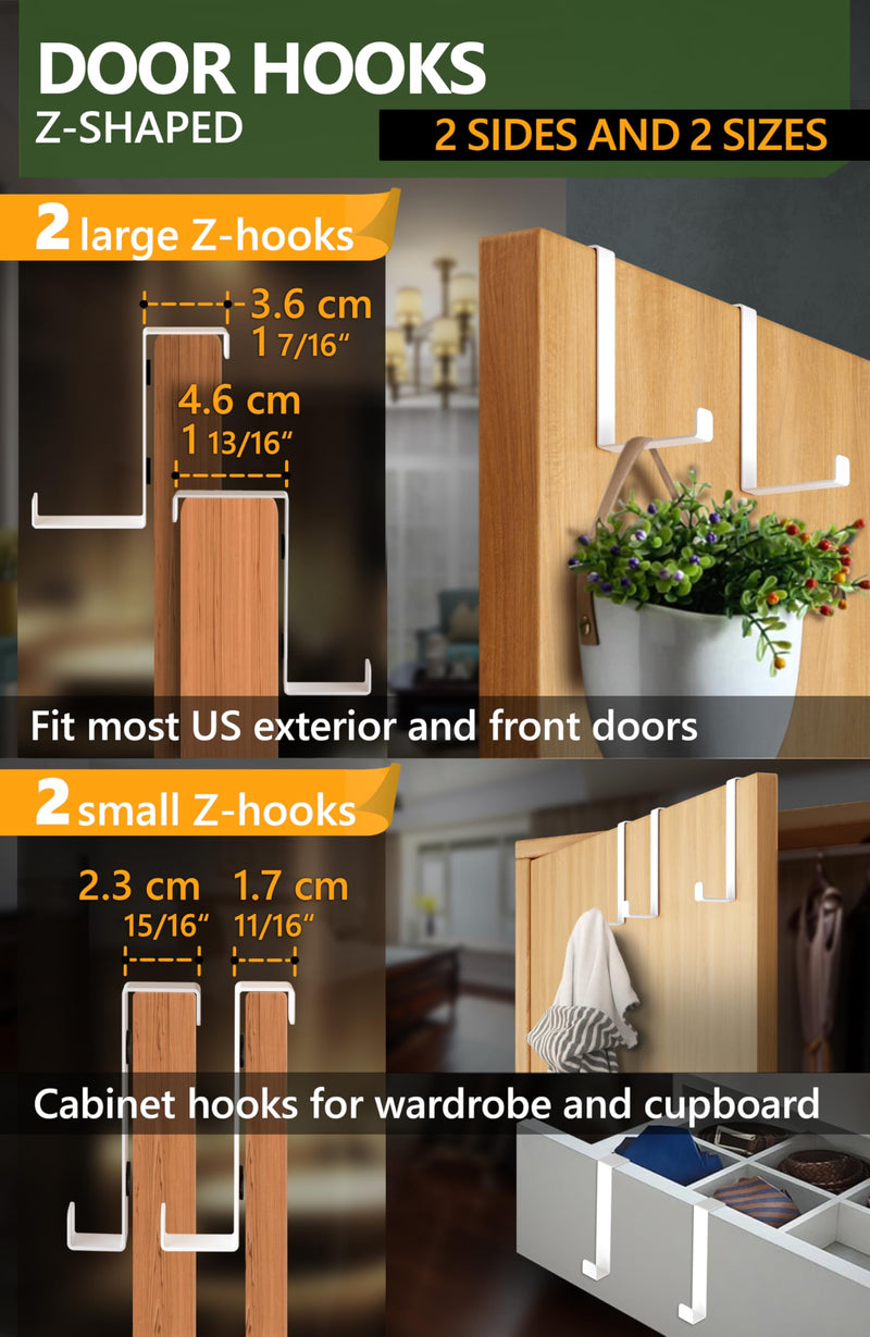4smile Over The Door Hooks 6+2+2 Set, White - Coat Hanger 6 pcs fits 1 3/8" + Towel Holder 2 pcs fits up to 1 3/4" + Cabinet Hooks 2 pcs - 2-Sided Wreath Hanger with Anti-Scratch & Non-Slip Pads 10 pcs L 4" & 3"