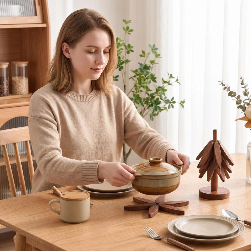 Tree Shape Wooden Trivet Set, 4 Pack Foldable Walnut Wood Hot Pot Holder with Stand, Expandable Heat Resistant Trivets for Kitchen Table Pot Pan Teapot Protection