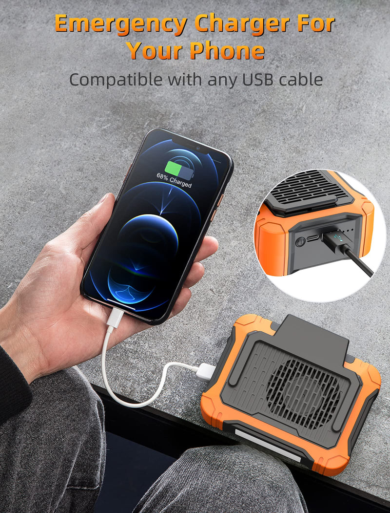 Koonie 10000mAh Waist Clip Fan with Solar Panel, 30H Working Time, Personal LED Light, Battery Powered Belt Fan, Strong Airflow, 3 Speeds, Body for Outdoor, Working, Camping, Hiking Orange-10000mAh