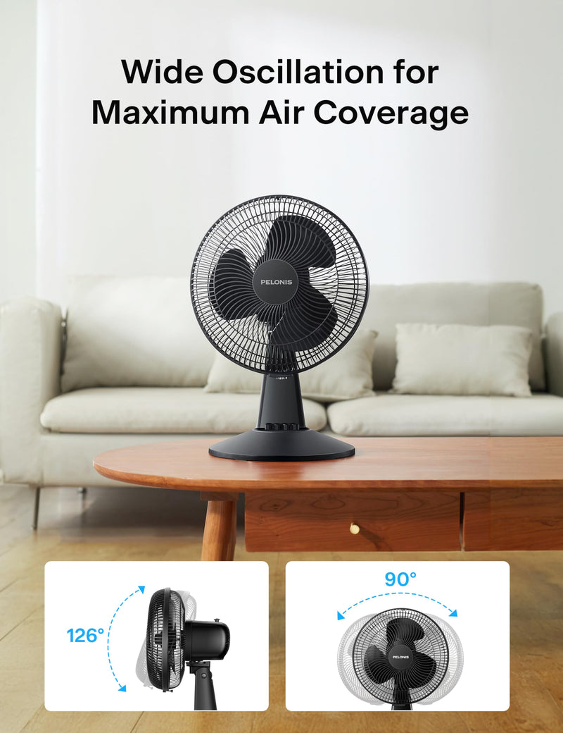 PELONIS Table Fan 12-Inch, 120° Oscillating Table Fan Small Portable Electric Plug-In Desk Fan with 3-Speeds, 126° Adjustable Tilt Head for Bedroom and Office Black 9 inch Table Fan