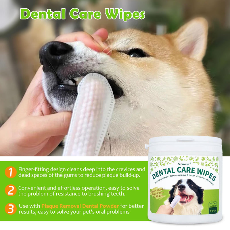 Petstoral Dental Cleaning Kit, Dental Care Wipes to Clean Plaque on The Surface of The Teeth, 2-Pack Dental Powder with Probiotic to Solve Oral Problems from The Inside of Digestion