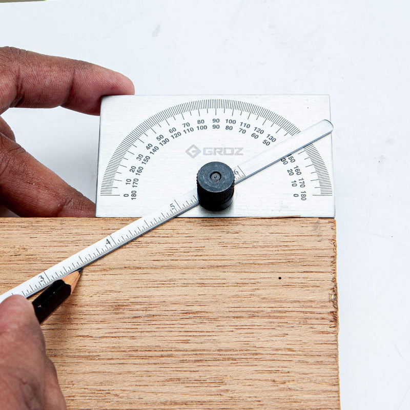 Groz 6" Stainless Steel Rectangular Head Depth Gauge with Protractor, Dual Imperial and Metric Graduations, 2-in-1 Machinist Layout Tool (01225)