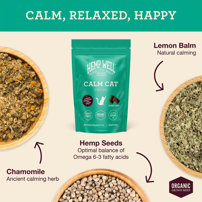 Hemp Well Calm Cat Soft Chews - Anxiety & Stress Relief Formula, Organic Ingredients, Soothes & Relaxes, Improves Behavior, 60 Count 60 Count (Pack of 1)
