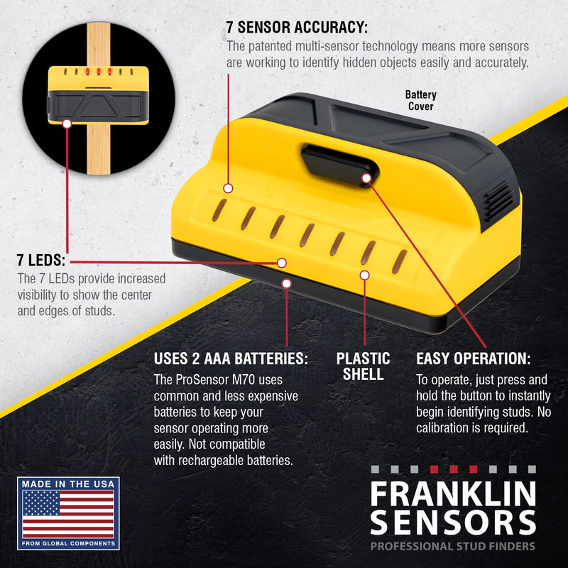 Franklin Sensors ProSensor M70 Stud Finder with 7-Sensors, Wood & Metal Stud Detector/Wall Scanner, Made in The USA Yellow