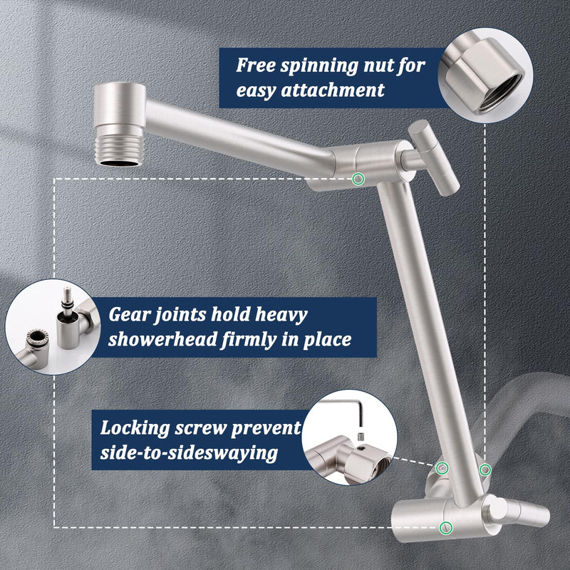 Solid Brass Shower Head Extension Arm, 13 Inch Adjustable Shower Arm - Height & Angle Adjustable Extender, Universal G1/2 Connector for Rainfall or Fixed Showerhead (Brushed Nickel) Brushed Nickel - NewNest Australia