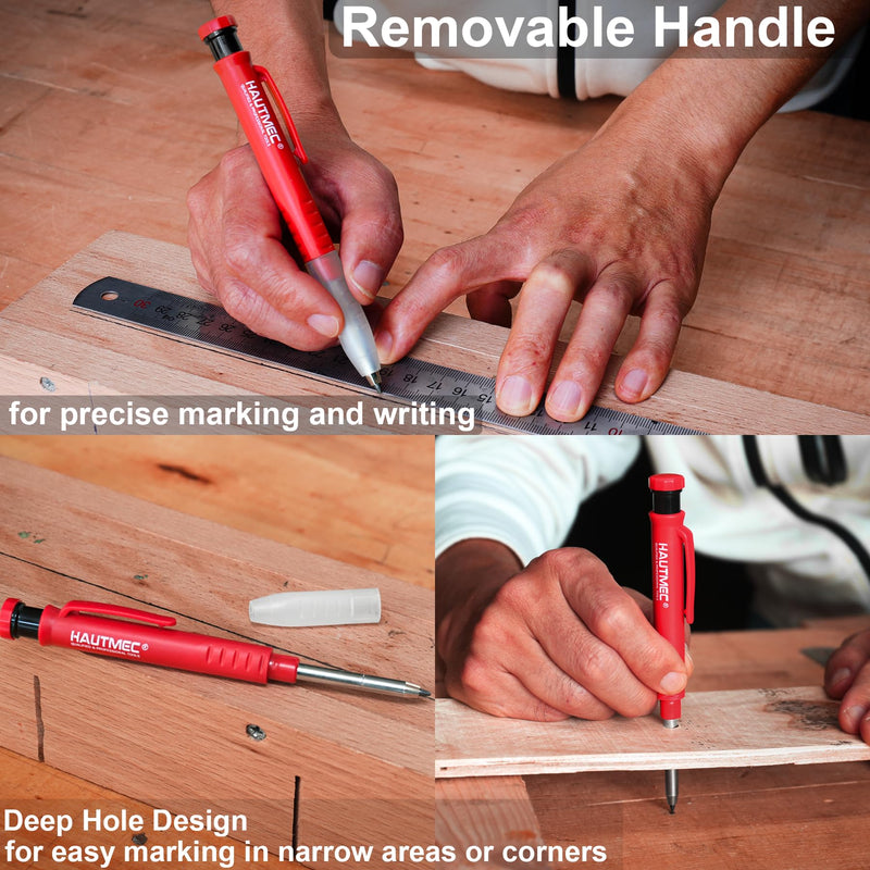 HAUTMEC 2 Pcs 3-in-1 Carpenter Pencils with Removable Finger Grip, Built-in Sharpener and 7 Leads (3 Colors), Mechanical Construction Pencil for Deep Marking Scribing, Pro Tracer Pencil, HT0293-2 2PC