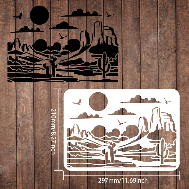 FINGERINSPIRE Desert View Stencils 11.7x8.3 inch Plastic Gobi Desert Drawing Painting Stencils Cactus Sun Birds Pattern Wall Stencils Reusable Stencils for Painting on Wood, Floor, Wall and Tile