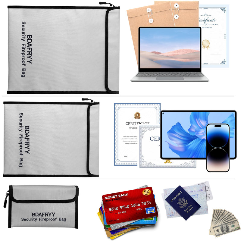 3 Pcs Fireproof Waterproof Money Important Document Bag(2000℉),Fire Proof Bag for Documents,Fire Proof Money Bag for Cash,for A4 A5 Documents Holder,Cash,Passport,Tablet,Laptop,File,Jewelry Fireproof document bag- 3pcs
