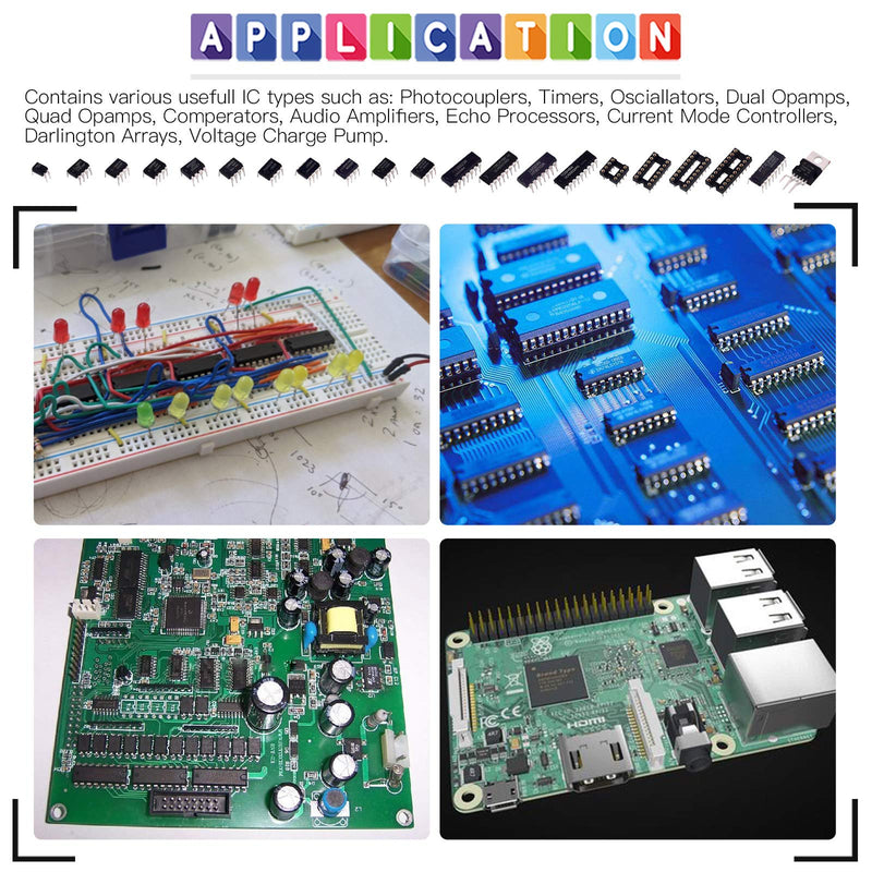 Glarks 169Pcs IC Chip Assortment opamp, oscillator, pwm, PC817, NE555, LM358, LM324, JRC4558, LM393, LM339, NE5532, LM386, TDA2030, TDA2822, PT2399, UC3842, UC3843, ULN2003, ULN2803