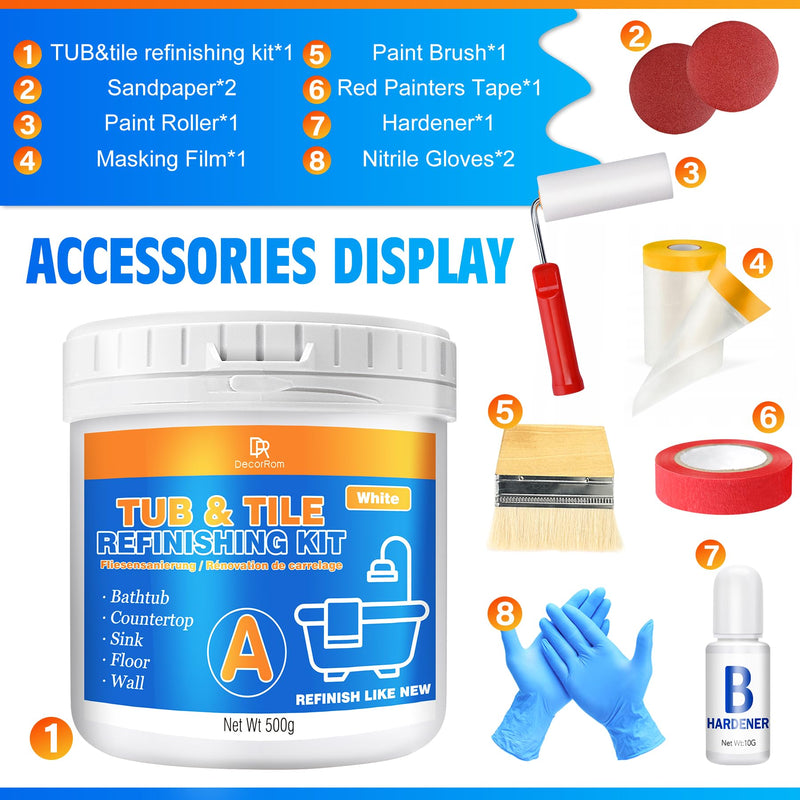 Tub and Tile Refinishing Kit, 18oz Tile Paint Bathtub Paint White for DIY Bathroom Resurfacing, Ceramic/Porcelain Tiles, Glass and Marble Sinks Waterproof, Scratch Resistant, Low Odor with Tools 18 Fl Oz (Pack of 1)