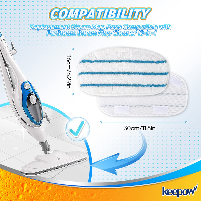 KEEPOW Steam Mop Pads Compatible with PurSteam Steam Mop Cleaner 10 in 1/ThermaPro 211, Reusable Microfiber Pur Steam Replacement Steamer Mop Pads Whole House Multipurpose Use (8 Pack) White/Blue