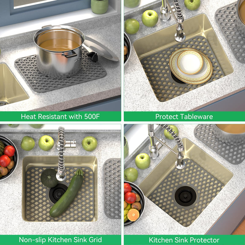 TOOVEM Kitchen Sink Mats, 2PCS Non-Slip Heat Resistant Silicone Sink Protector Mat, Folding Farmhouse Rear Drain Sink Mats, Center Drain, Grey Gray 2Pack-13.58"x11.6"-Center Drain