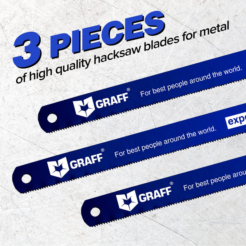 GRAFF 8% Cobalt Premium Hacksaw Blades 12 Inch for Stainless Steel and Metal Cutting 24 tpi - Handsaw Blades Replacement Bi-Metal Bi-metal 8% Cobalt