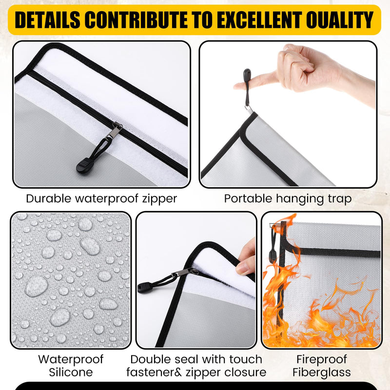 3 Pack Fireproof Waterproof Document Bag (2000℉) Fire Proof Money Bag with Zipper Fire Water Resistant Safe Important Document Storage Organizer Pouch for Cash Passport File(15”x 11”) 15”x 11”
