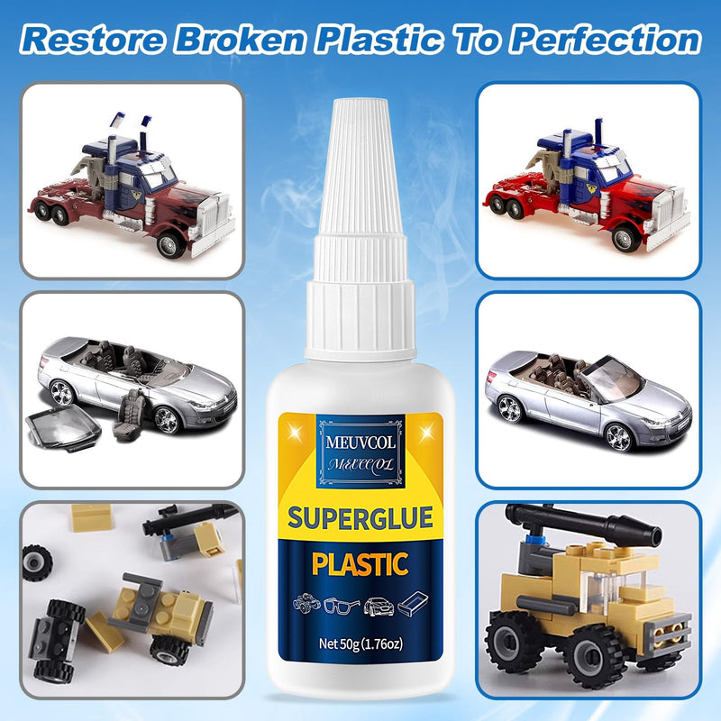 Super Glue for Plastic 100g, Heavy Duty Plastic Glue Model Kit for Legos and Miniature, Strongest Plastic Adhesive Bonder for PLA, 3D Print, Car, ABS, PVC, Acrylic, Craft, Best Plastic Glue