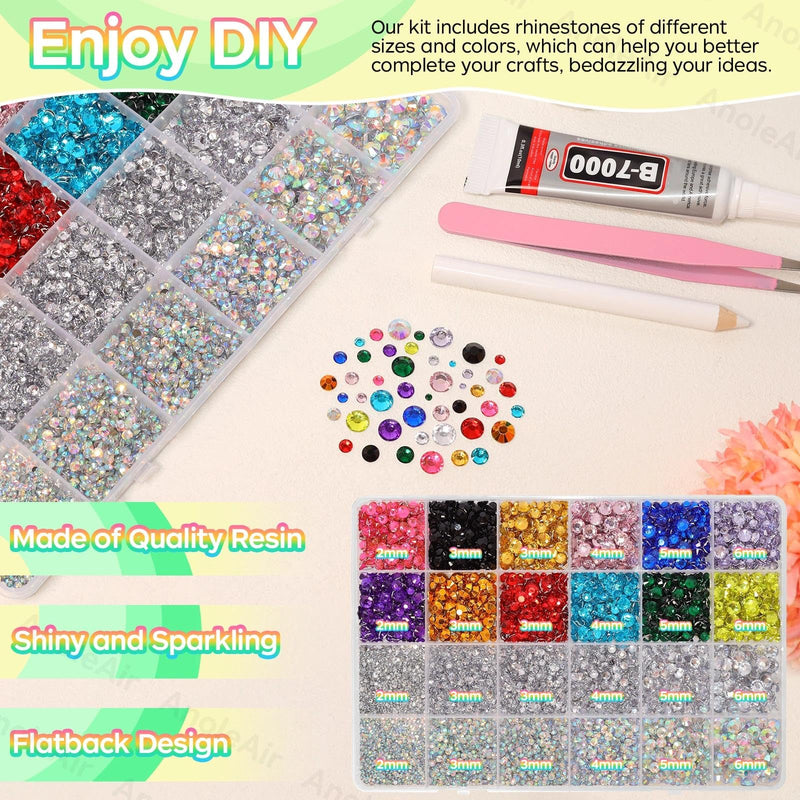 26000PCS Colorful Resin Flatback Rhinestones for Crafting, Resin Rhinestones for Bedazzling Kit, 2/3/4/5/6mm Flatback Gems Jewels for DIY Mugs Tumblers Clothing Shoes Nail Art SS11