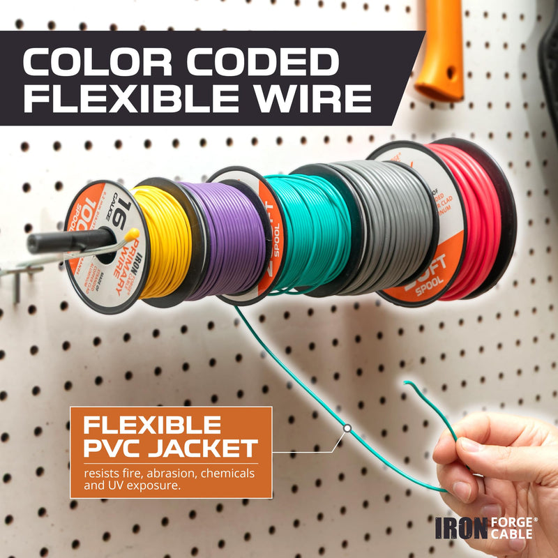 Iron Forge Cable 100 ft 16 Gauge Wire - 10 Roll Assortment Pack Automotive Wiring Kit with Dispenser Box - 10ft Stranded Copper Clad Primary Cable per Roll 16 Gauge-10ft-10 Pack