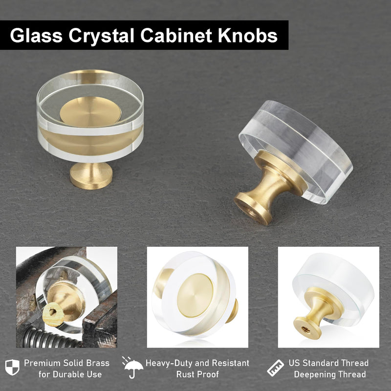 QOGRISUN 10-Pack Brass Crystal Cabinet Knobs,Glass Crystal Gold Drawer Knobs,1-1/4-Inch Round, Decorative Dresser Pulls, Modern Cabinet Hardware 1-1/4-Inch Round