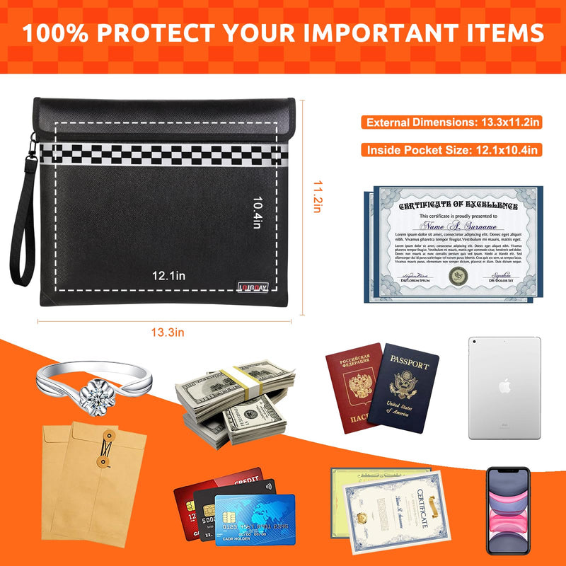 6200°F Fireproof Document Bag with Fireproof Zipper, Fireproof Bag with Reflective Strip, 9 Layers of Heat Insulated Materials, Fireproof Money Bag for Cash, 13"x11" Fireproof Pouch with Hand Strap