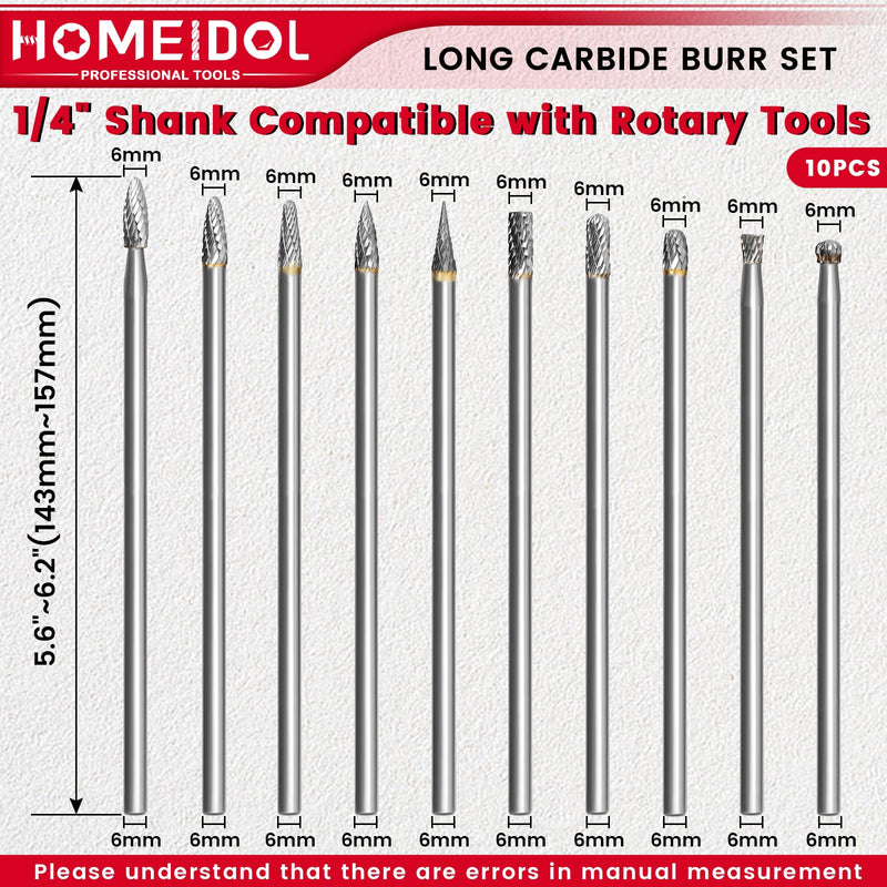 10Pcs Long Carbide Burr Set 1/4" Shank HOMEIDOL 6"(150mm) Long Rotary Files 1/4" Head Die Grinder Bits, Tungsten Carbide Rotary Burr Set, Carbide Drill Bits for Metal Wood Carving Engraving 10pcs 6" long die grinder bits(1/4" Shank)