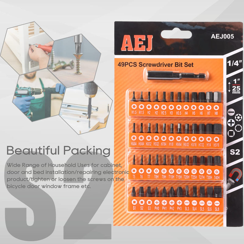 AEJ 49-Pack Screwdriver Bit Set, Hex Head Drill Bit Set, Torx Square Slotted Phillips Bit Set with 1/4" Bit Holder, 1/4 Hex Shank, S2 Steel, 1"Long 49PCS Torx/Hex/Slotted/Phillips/Square/Extension Bit Holder